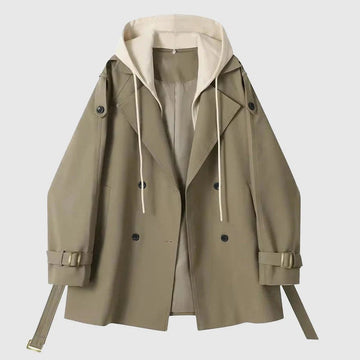 Women’s Trench Coat – Oversized Fit – Hooded – Cotton Blend – Belted Double Breasted