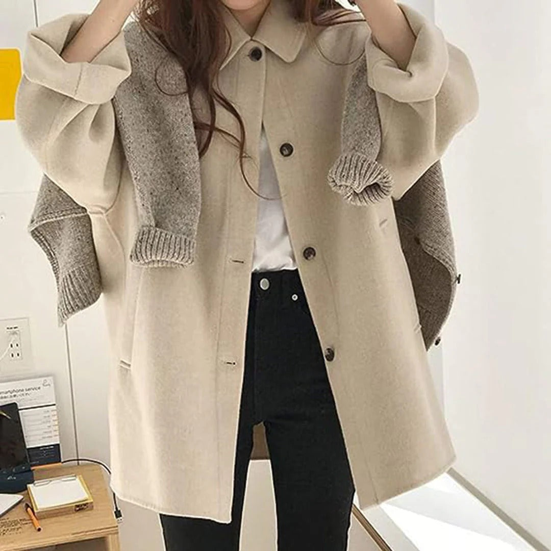 Women’s Wool Jacket – Relaxed Fit – Hip Length – Button Front – Cuffed Sleeves