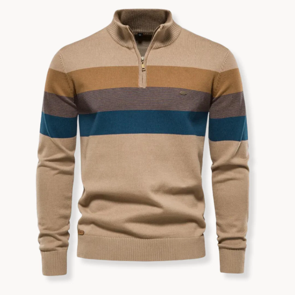Men’s Quarter-Zip Sweater – Slim Fit – Knitted Wool Blend – Ribbed Trim – Striped Design