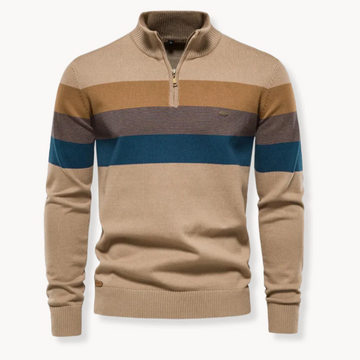 Men’s Quarter-Zip Sweater – Slim Fit – Knitted Wool Blend – Ribbed Trim – Striped Design