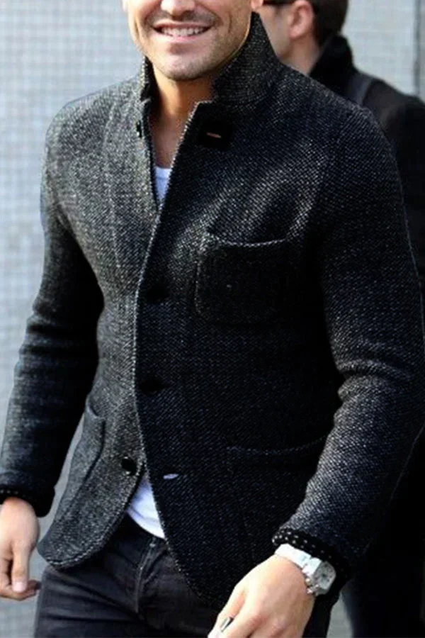 Men’s Blazer – Tailored Fit – Textured Wool – Stand Collar – Formal Business Wear
