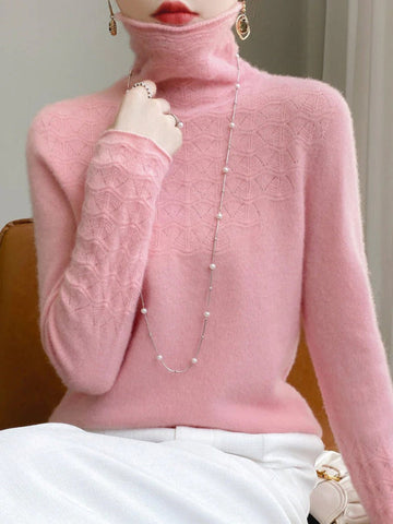Women’s Turtleneck Sweater – Slim Fit – Wool Blend – Hollow Knit – Long Sleeve