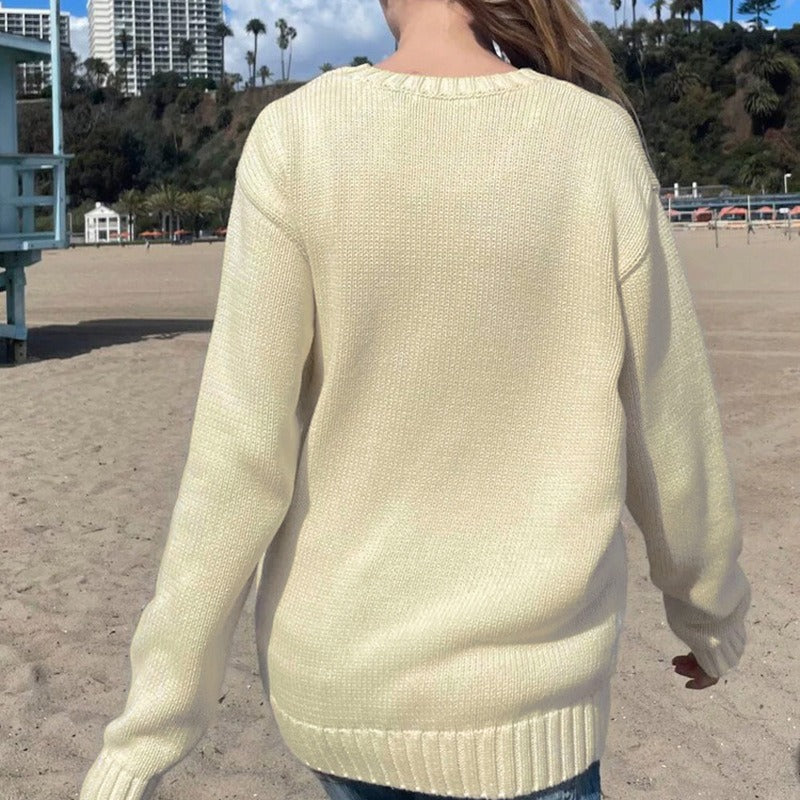 Women’s Knitted Sweatshirt – Relaxed Fit – Ribbed Trim – Flag Graphic Print