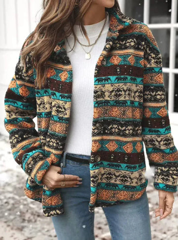 Women’s Fleece Jacket – Relaxed Fit – Tribal Pattern – Zip Front – Plush Texture