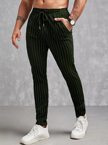 Men’s Slim Fit Trousers – Vertical Pinstripe – Elastic Waist – Drawstring – Pockets