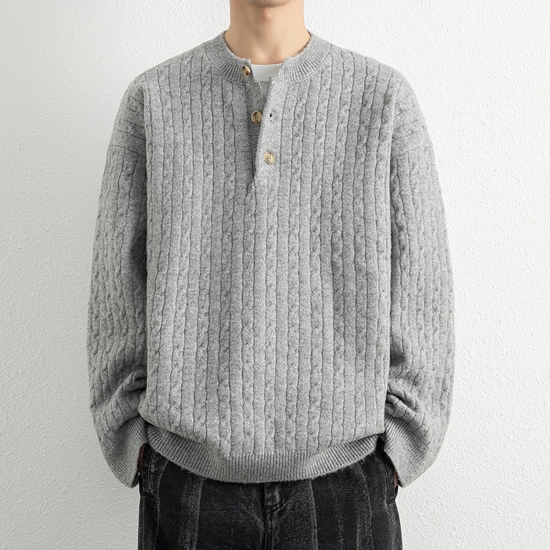 Men’s Pullover Sweatshirt – Relaxed Fit – Wool Blend Knit – Henley Neck – Ribbed Trim