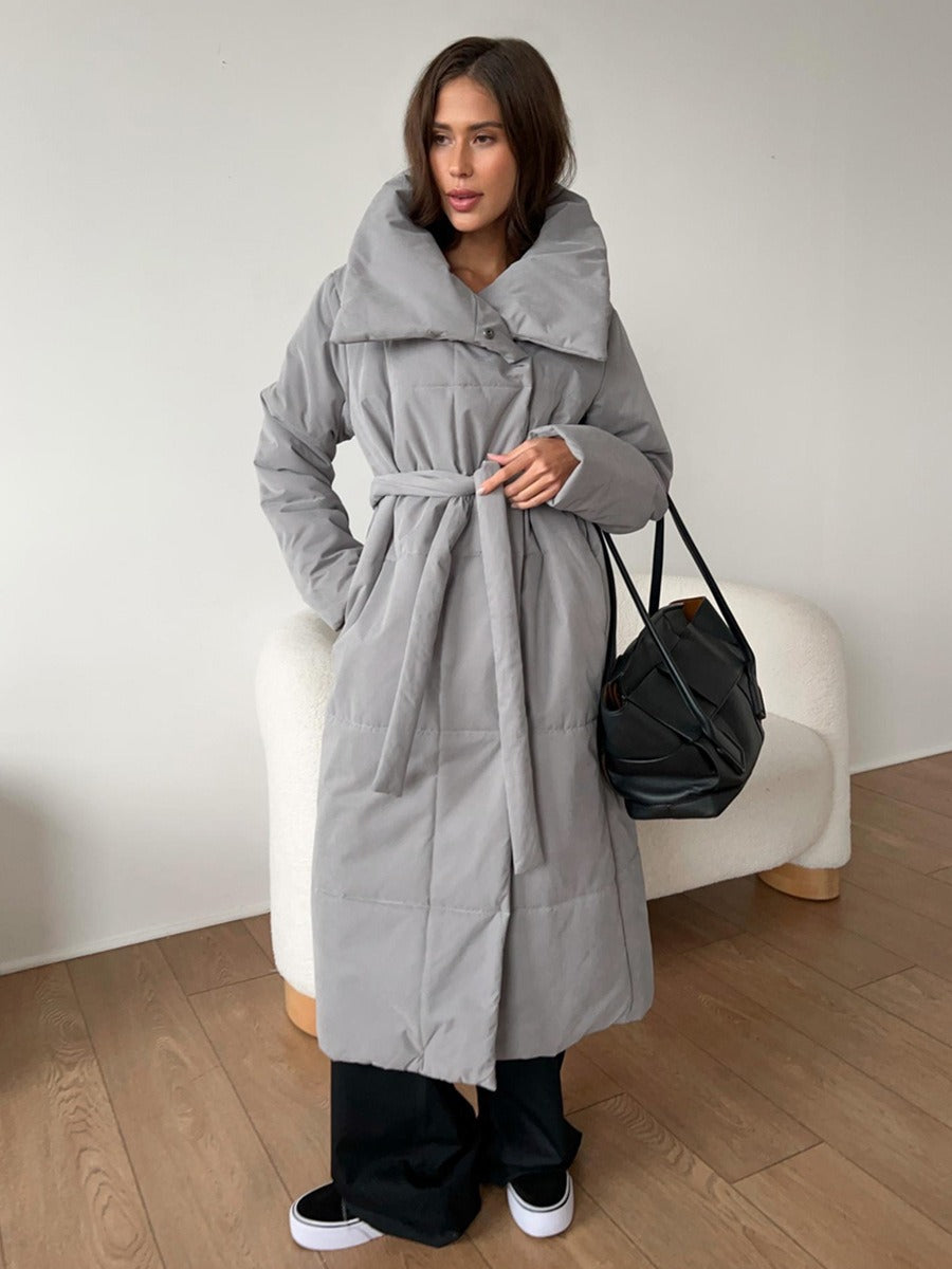 Women’s Long Padded Jacket – Oversized Fit – Quilted – Stand Collar – Full Length