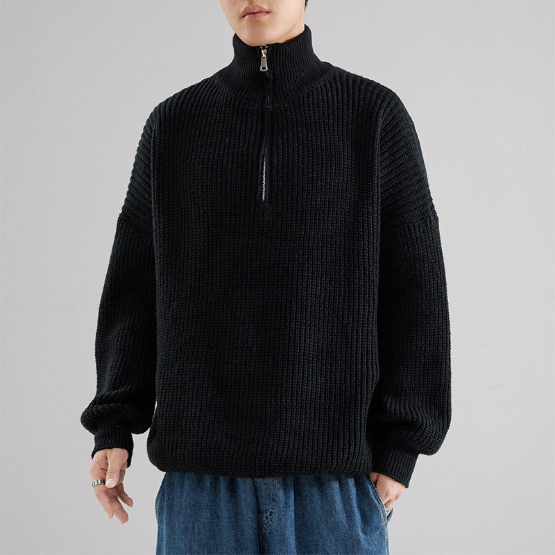 Men’s Pullover Sweatshirt – Rib Knit – Oversized Fit – Half Zip High Neck – Dropped Shoulders