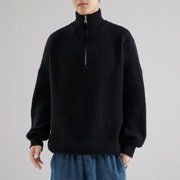 Men’s Pullover Sweatshirt – Rib Knit – Oversized Fit – Half Zip High Neck – Dropped Shoulders