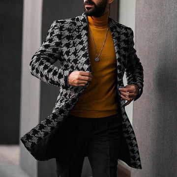Men's Trench Coat – Tailored Fit – Wool Blend – Notch Lapel – Geometric Pattern