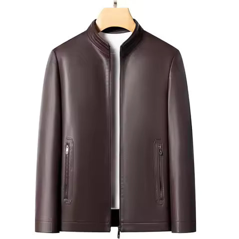 Men’s Leather Jacket – Slim Fit – Stand-Up Collar – Minimalist Zips – Hip Length