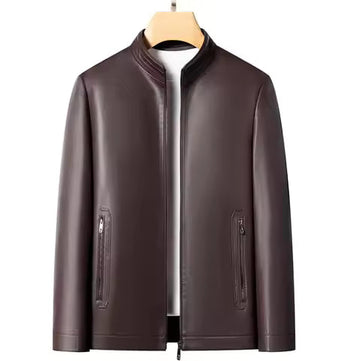 Men’s Leather Jacket – Slim Fit – Stand-Up Collar – Minimalist Zips – Hip Length