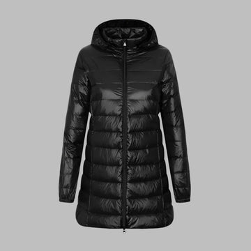 Women’s Down Jacket – Fitted Mid-Thigh Length – Hooded – Quilted – Water-Resistant