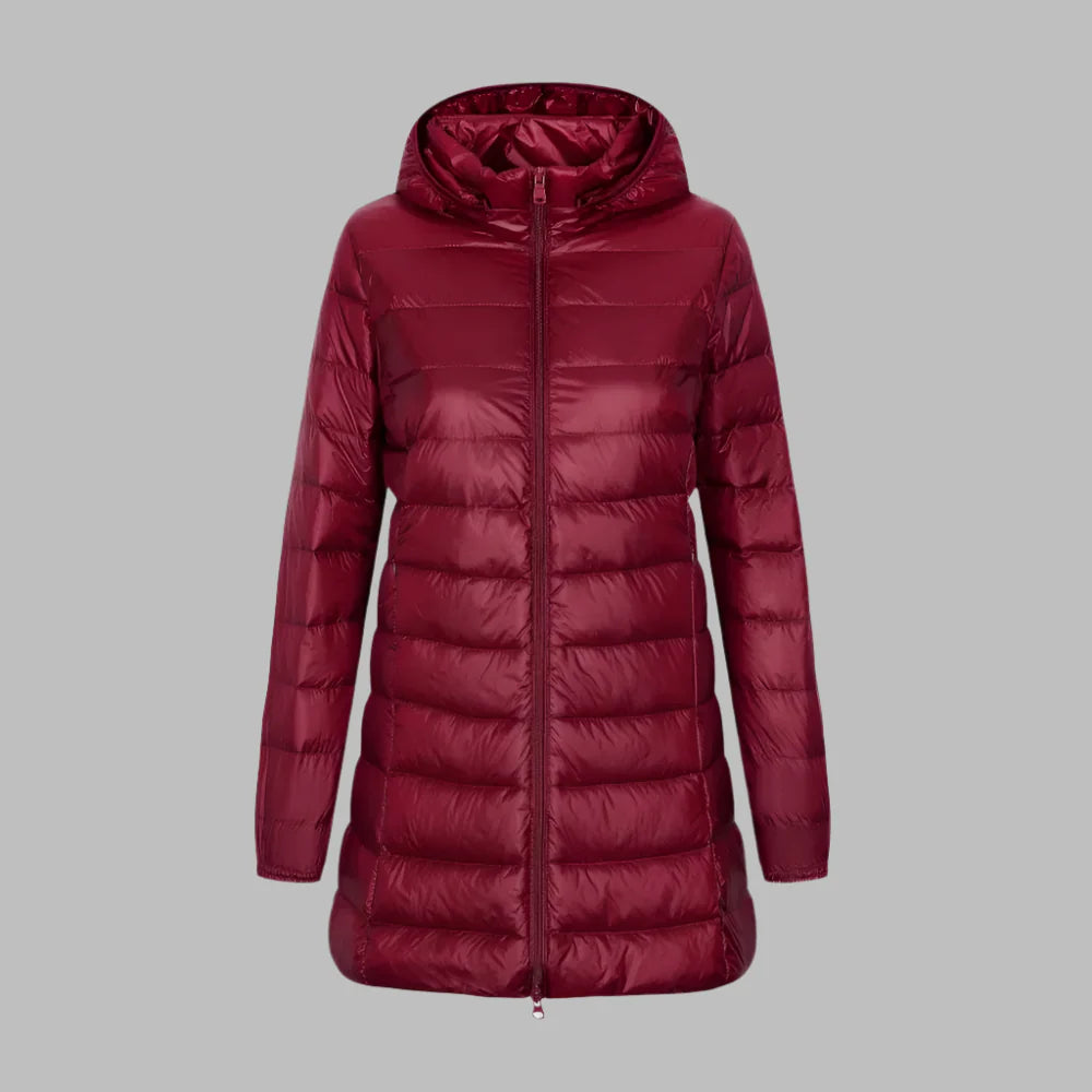 Women’s Down Jacket – Fitted Mid-Thigh Length – Hooded – Quilted – Water-Resistant
