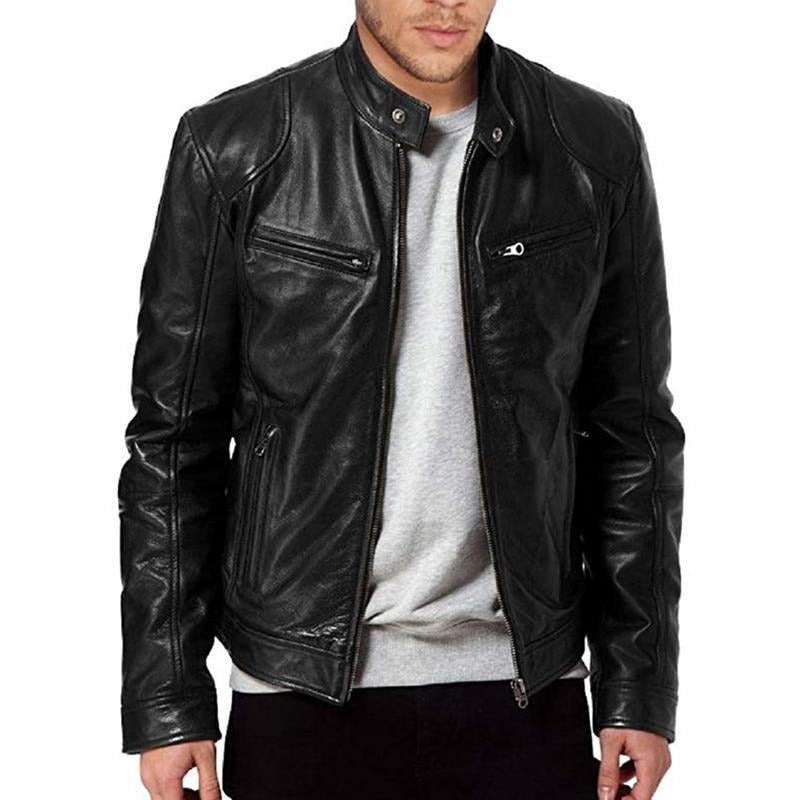 Men’s Biker Jacket – Leather – Structured Fit – Snap Collar – Zippered Pockets