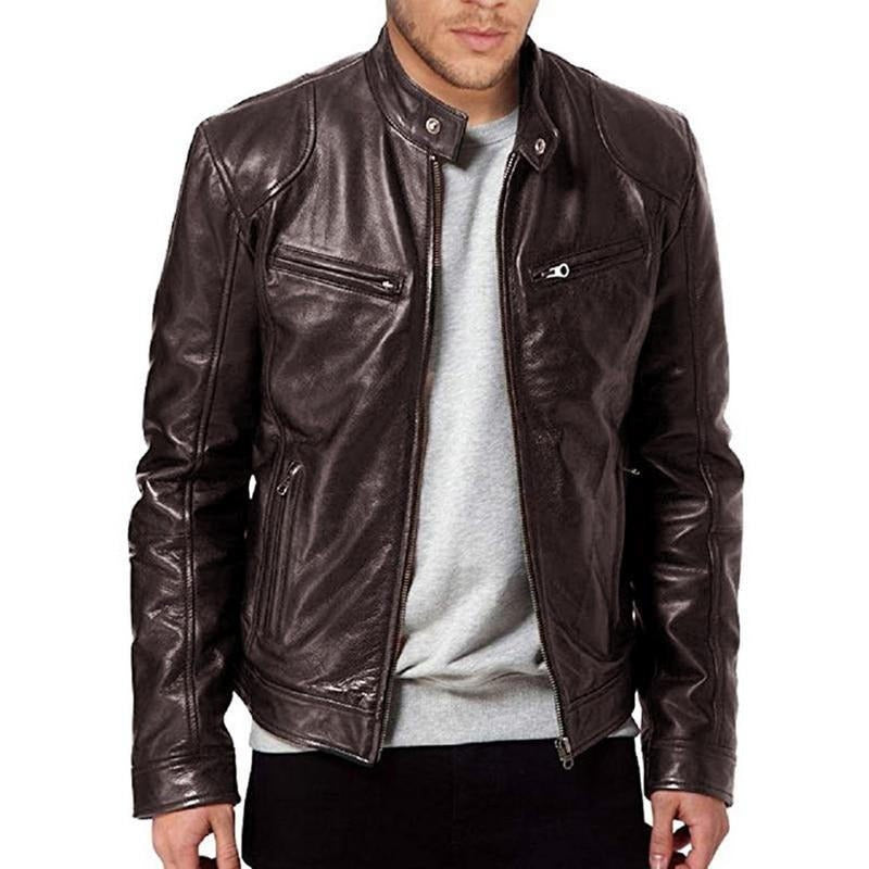 Men’s Biker Jacket – Leather – Structured Fit – Snap Collar – Zippered Pockets