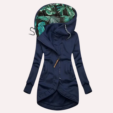 Women’s Fleece Jacket – Slim Fit – Hooded with Leaf Print Lining – Asymmetrical Zip