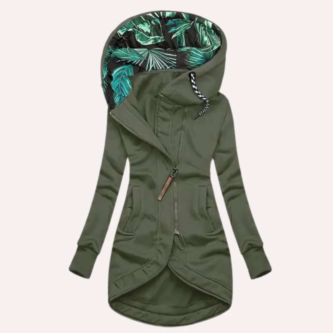 Women’s Fleece Jacket – Slim Fit – Hooded with Leaf Print Lining – Asymmetrical Zip