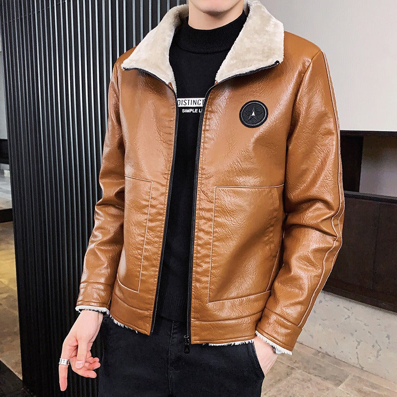 Men’s Faux Leather Jacket – Structured Fit – Shearling Collar & Cuffs – Zipper Closure