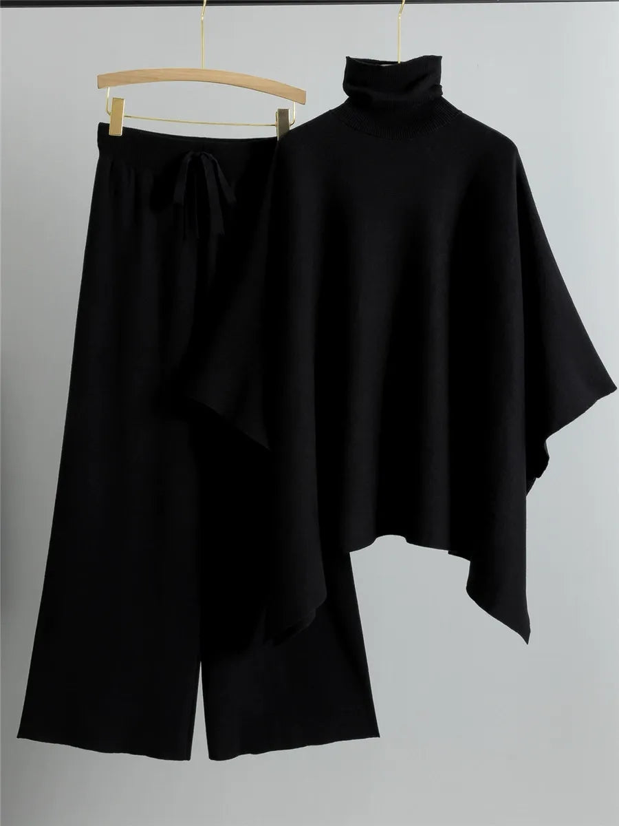 Women’s Two-Piece Knit Suit – High Neck Cape Top – Wide-Leg Pants – Relaxed Fit