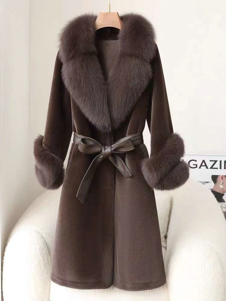 Women’s Long Coat – Slim Fit – Fur-Trimmed Collar and Cuffs – Wool Blend – Wrap Front