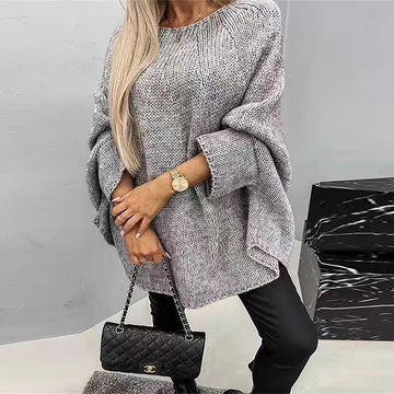 Women’s Knit Top – Oversized Relaxed Fit – Chunky Texture – Batwing Sleeves – Crew Neck