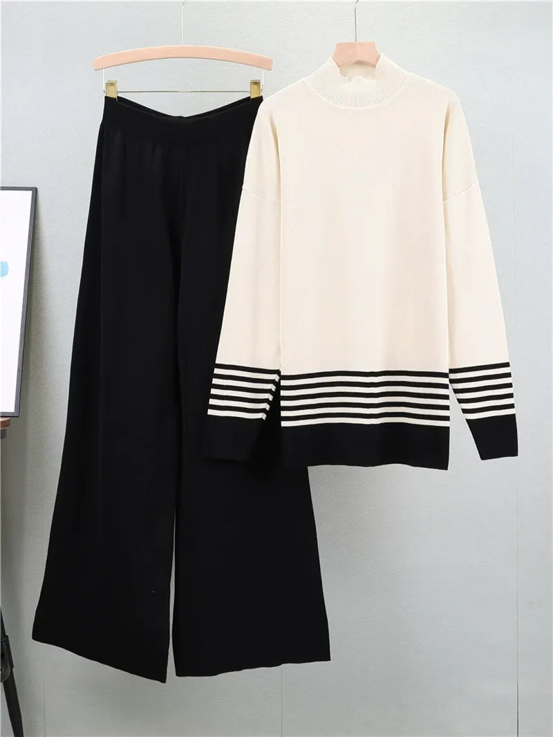 Women’s Two-Piece Set – Knit Sweater and Wide-Leg Pants – Relaxed Fit Cozy Loungewear
