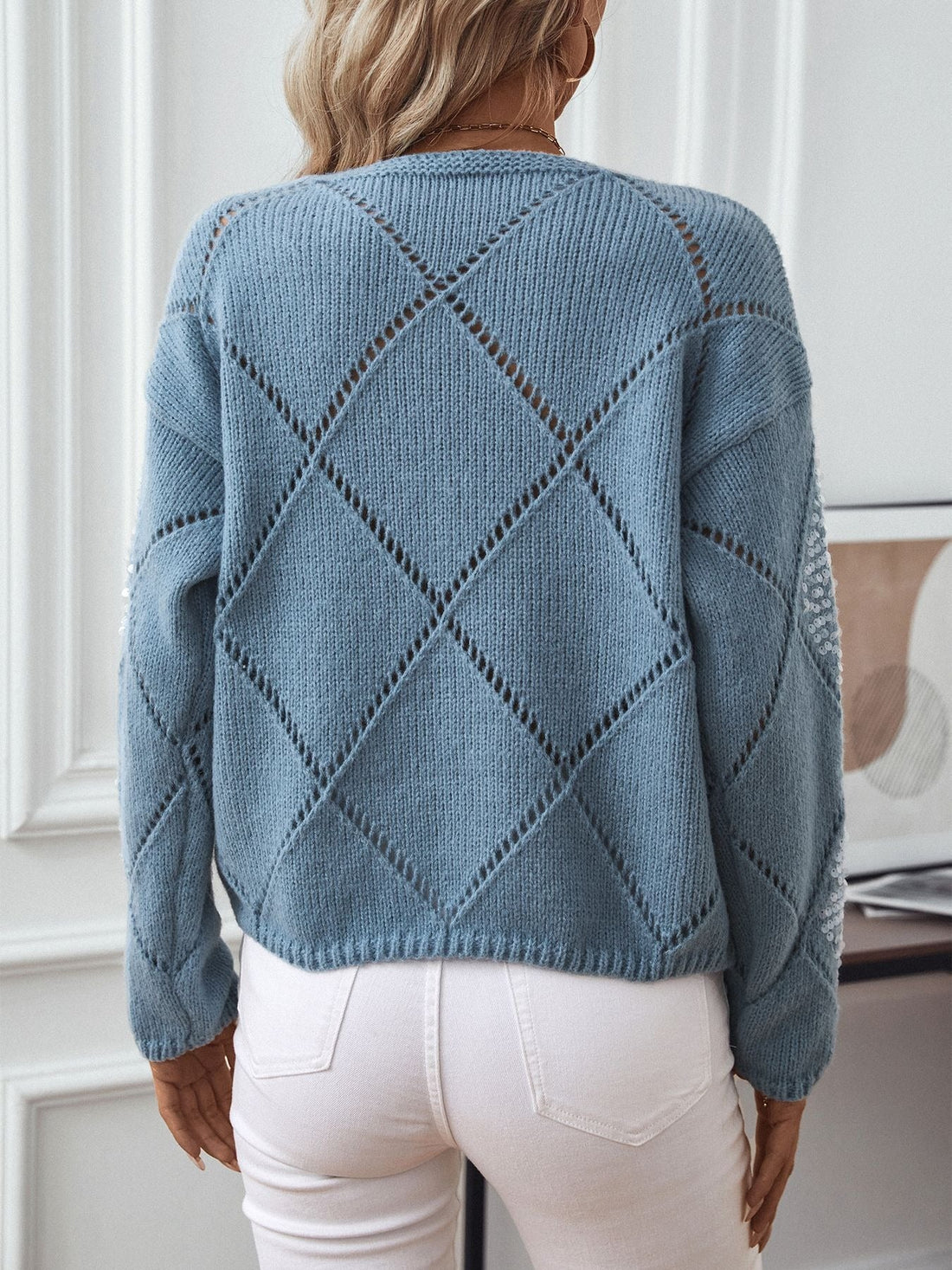 Women’s Knitted Sweatshirt – Relaxed Fit – Diamond Openwork – Sequin Long Sleeve