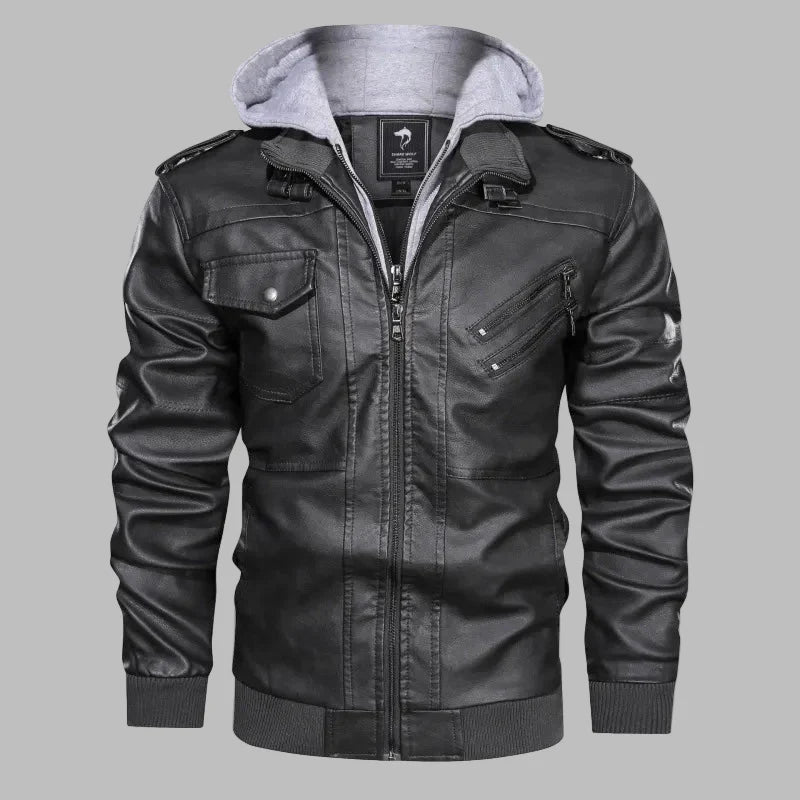 Men’s Leather Jacket – Structured Fit – Detachable Hood – Stand Collar – Zipper Closure