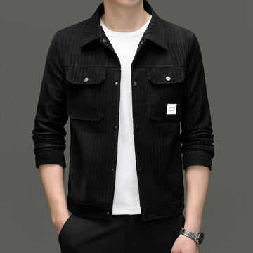 Men’s Collared Jacket – Slim Tailored Fit – Vertical Stripe Texture – Button Front – Patch Pockets