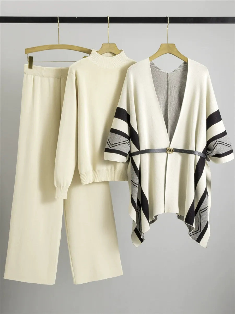 Women’s Knitted Lounge Set – Relaxed Turtleneck – Wide-Leg Pants – Belted Cardigan