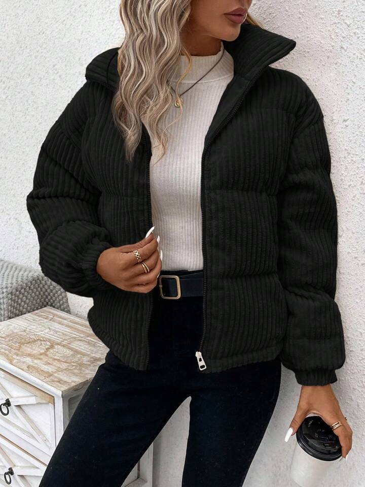 Women’s Corduroy Jacket – Relaxed Fit – Padded – High Collar – Zipper Front