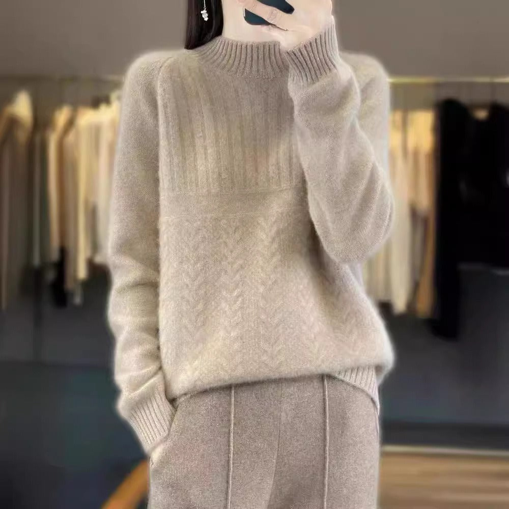 Women’s Pullover Sweatshirt – Relaxed Fit – Wool Blend Knit – Ribbed Mock Neck – Long Sleeve