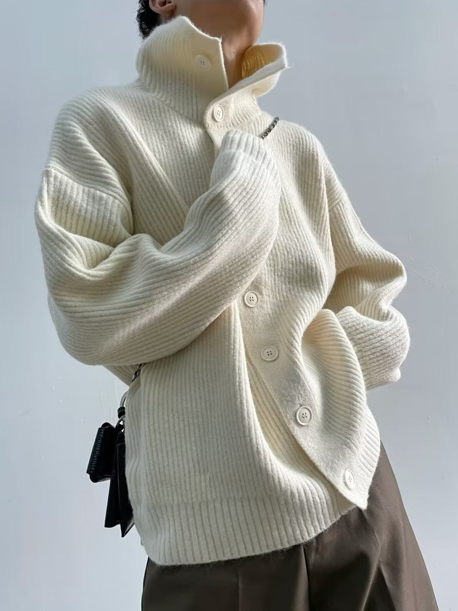 Men’s Cardigan – Oversized Fit – Ribbed Knit Texture – High Collar – Button Front