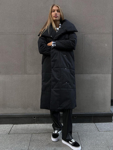 Women’s Long Padded Jacket – Oversized Fit – Quilted – Stand Collar – Full Length