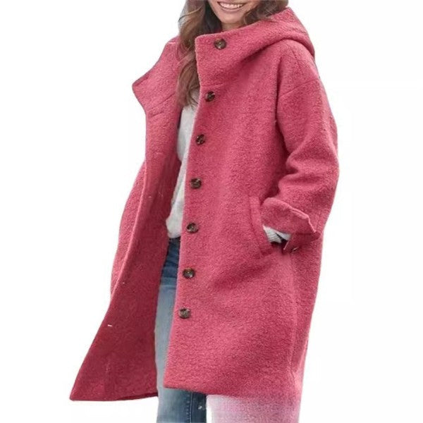 Women’s Full-Length Coat – Oversized Fit – Wool Feel – Hooded with Pockets