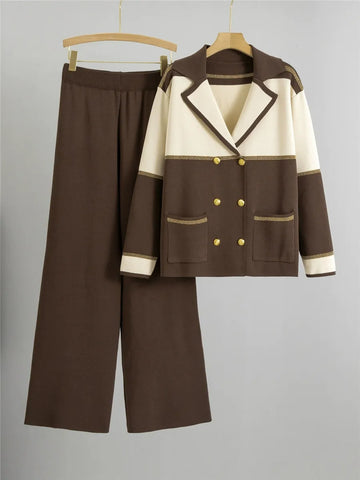 Women’s Knitted Suit – Double-Breasted Blazer – Wide-Leg Pants – Office Wear Set