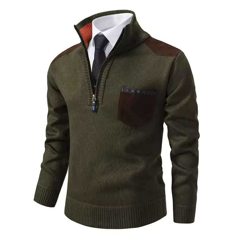 Men’s Pullover Sweater – Wool Knit – Regular Fit – Half-Zip with Chest Pocket