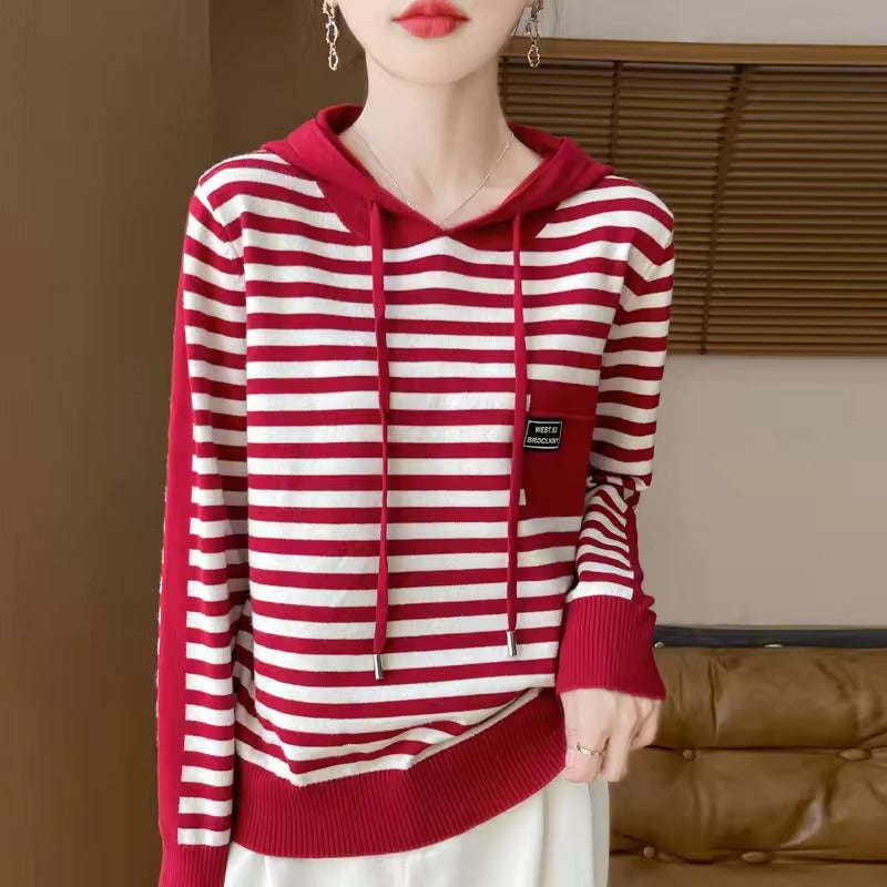 Women’s Knitted Sweater Hoodie – Relaxed Fit – Cotton Blend – Striped – Ribbed Trim