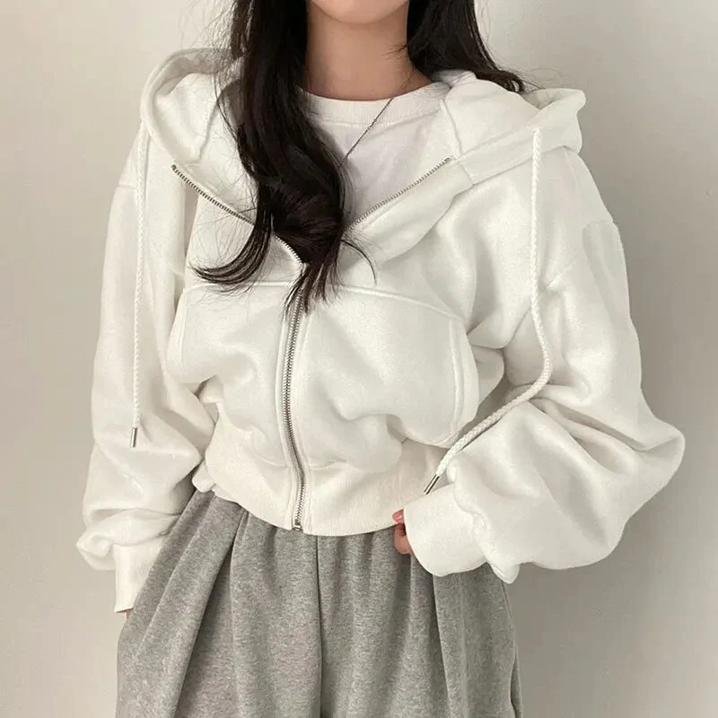 Women’s Zip-Up Hoodie – Oversized Fit – Cotton Feel – Cropped Length – Drop Shoulder