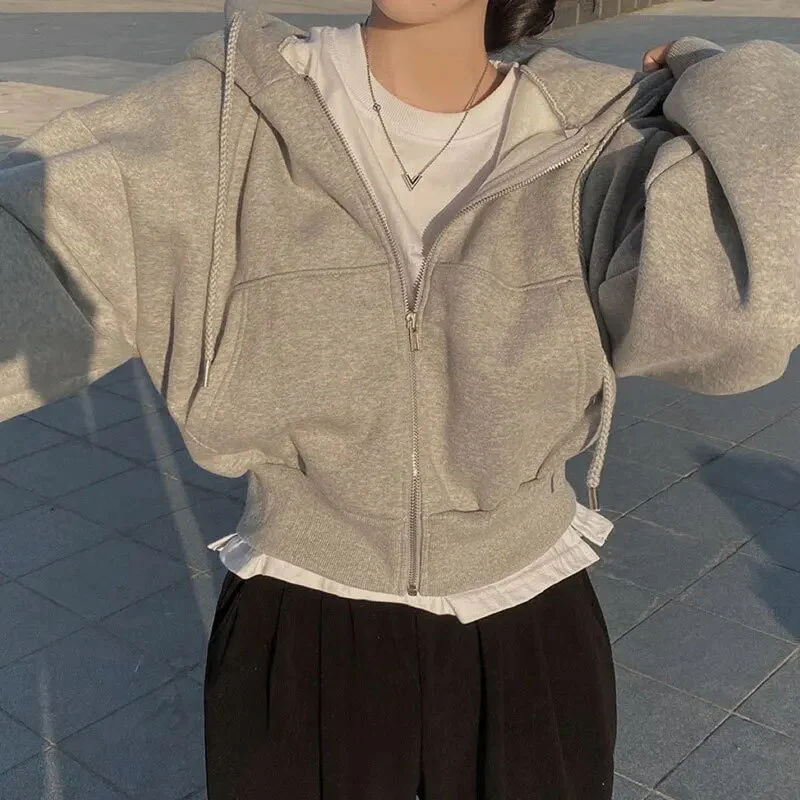 Women’s Zip-Up Hoodie – Oversized Fit – Cotton Feel – Cropped Length – Drop Shoulder