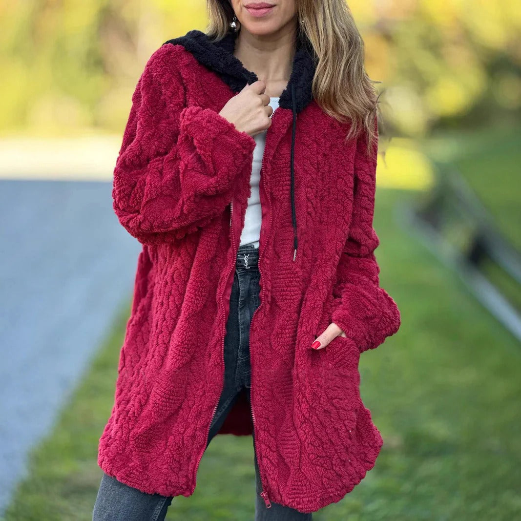 Women’s Hooded Jacket – Plush Knit Texture – Relaxed Fit – Full-Zip Casual Layer