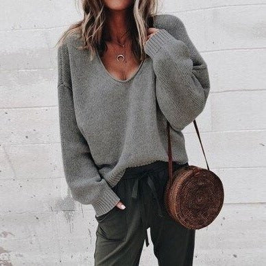 Women’s Sweater – Wool Blend Knit – Relaxed Fit – Deep V-Neck – Long Sleeve Casual Style