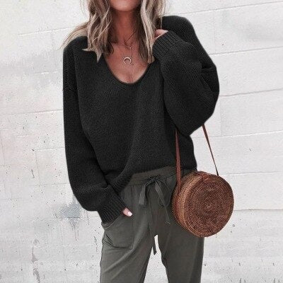 Women’s Sweater – Wool Blend Knit – Relaxed Fit – Deep V-Neck – Long Sleeve Casual Style