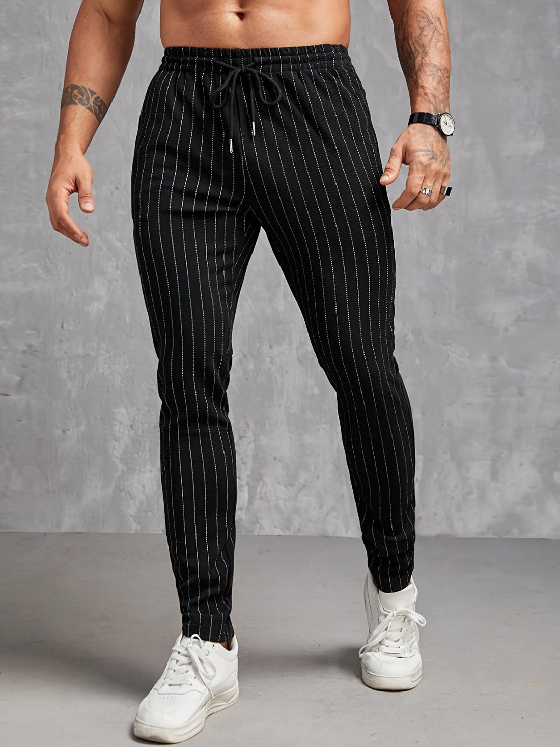 Men’s Slim Fit Trousers – Vertical Pinstripe – Elastic Waist – Drawstring – Pockets