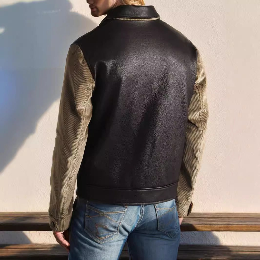 Men’s Jacket – Relaxed Fit – Leather Hybrid – Contrasting Sleeves – Full Zip – Waist-Length