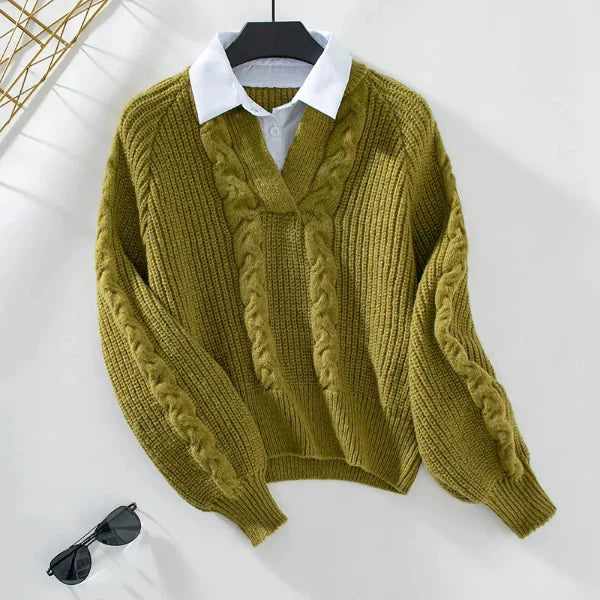 Women’s Knit Sweater – Relaxed Fit – Cable Knit – Faux Layered Shirt Collar – Wool Blend