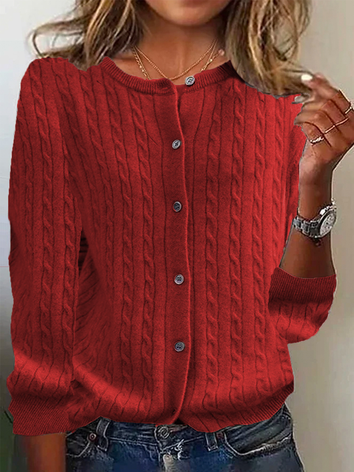 Women’s Cardigan Sweater – Wool Knit – Relaxed Fit – Cable Pattern – Button Front