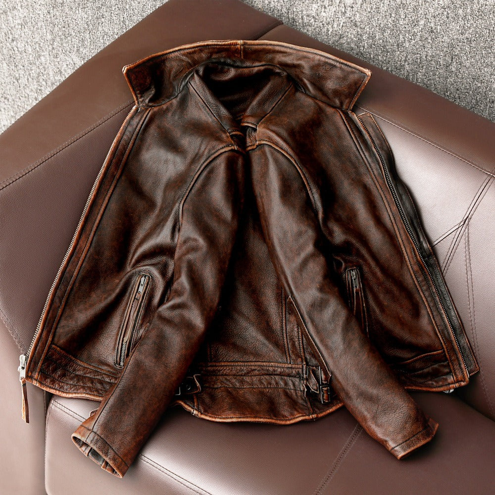 Men’s Leather Jacket – Regular Fit – Distressed Finish – Quilted Shoulders – Zipper Closure
