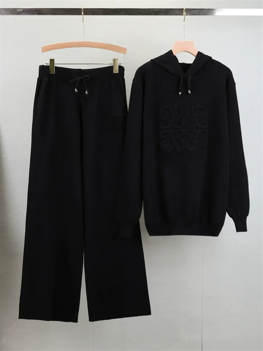 Women’s Knit Lounge Set – Hooded Oversized Sweater – Wide-Leg Drawstring Pants